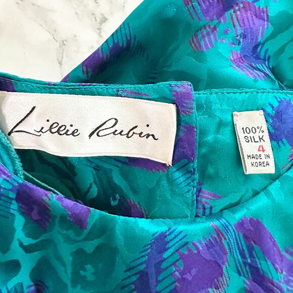 Vintage Lillie Rubin 100% Silk Satin Teal Purple‎ 80s Dress Women’s Size 4 - Picture 13 of 13